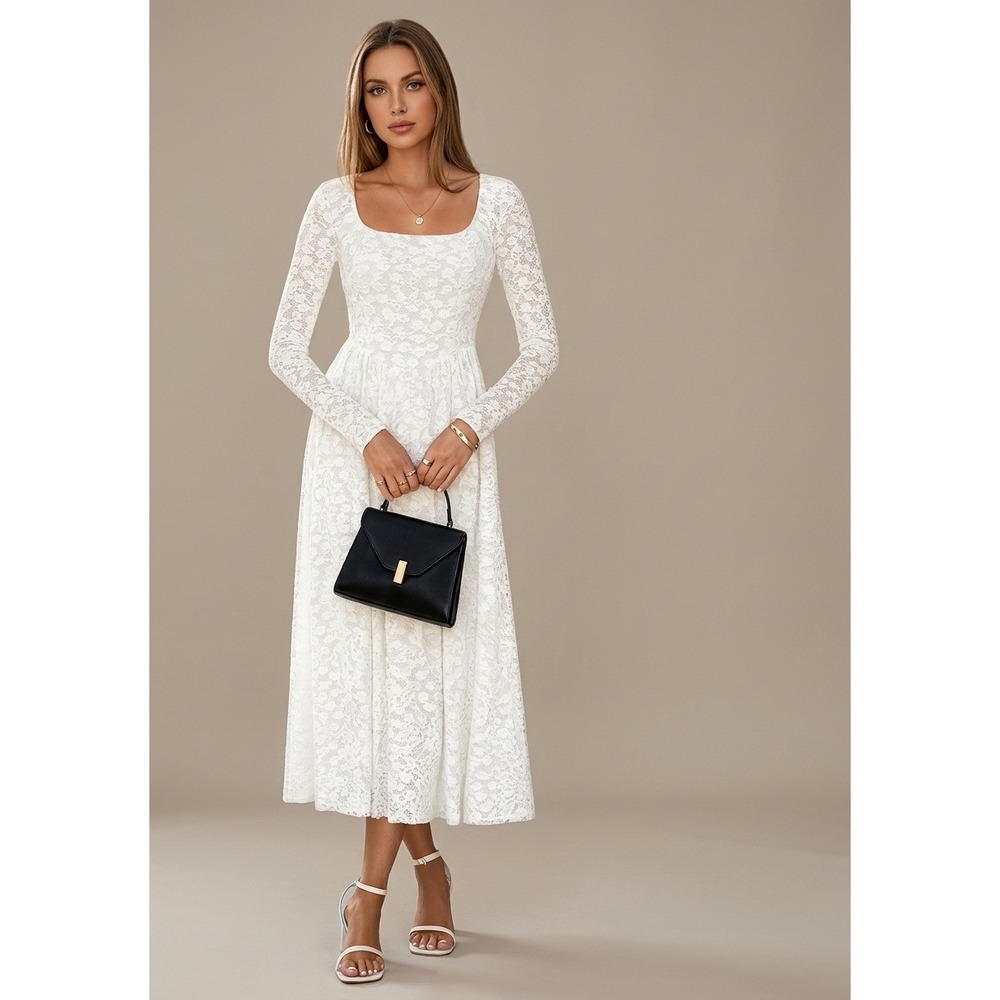 MSRP $30 MEROKEETY Women's S White Floral Midi Dress Long Sleeve Square Neck